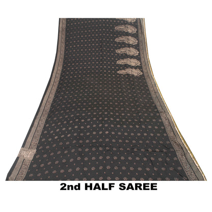 Sanskriti Vintage Sarees Black Pure Crepe Floral Printed 5+YD Eco-Friendly Sari