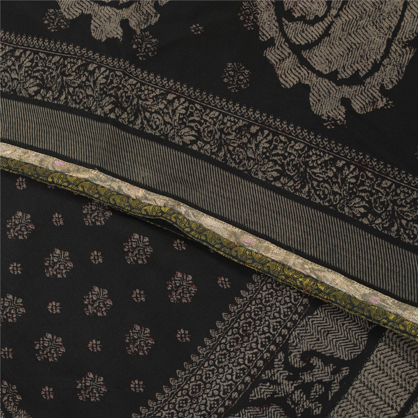 Sanskriti Vintage Sarees Black Pure Crepe Floral Printed 5+YD Eco-Friendly Sari