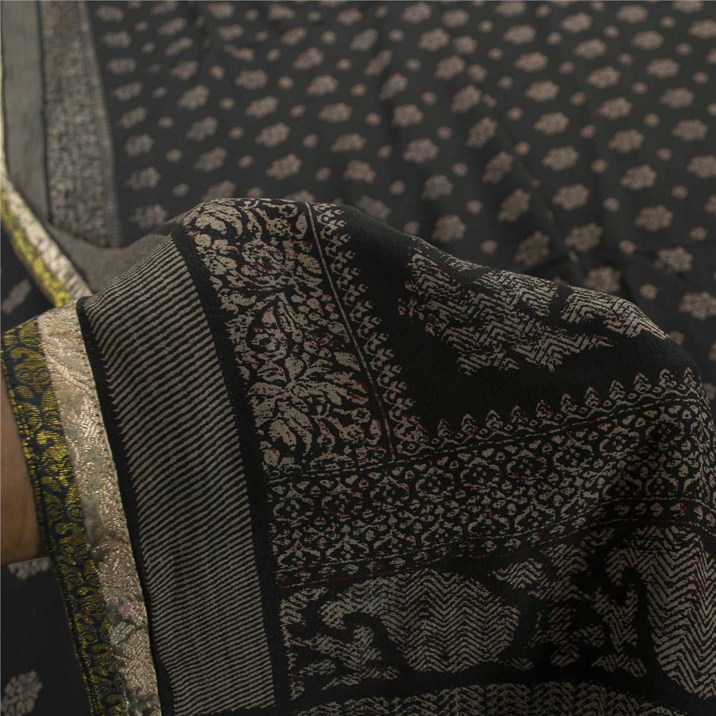 Sanskriti Vintage Sarees Black Pure Crepe Floral Printed 5+YD Eco-Friendly Sari