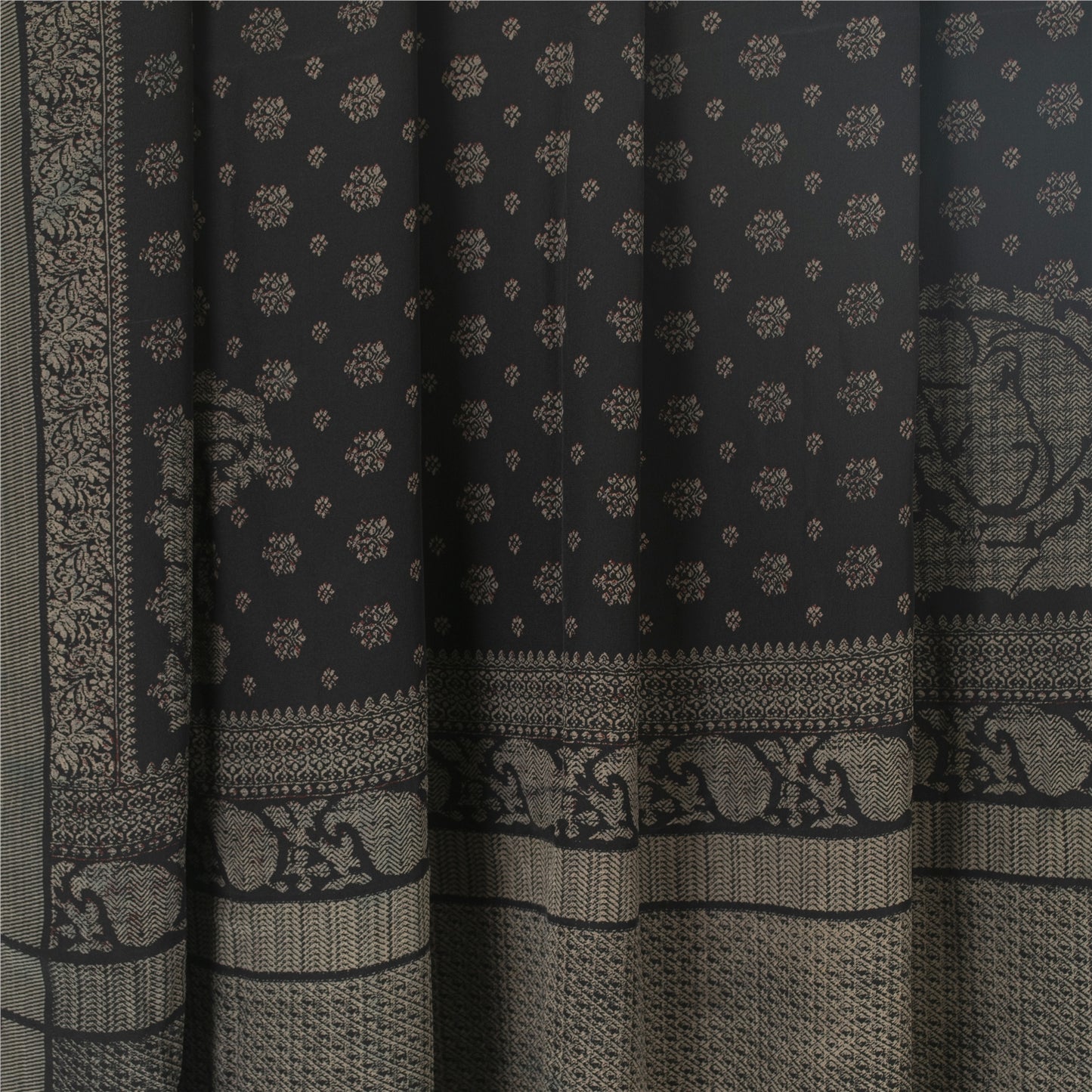 Sanskriti Vintage Sarees Black Pure Crepe Floral Printed 5+YD Eco-Friendly Sari