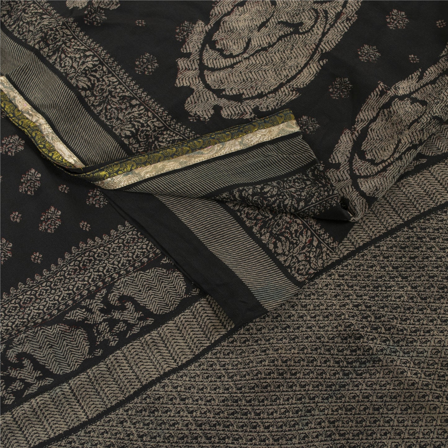 Sanskriti Vintage Sarees Black Pure Crepe Floral Printed 5+YD Eco-Friendly Sari