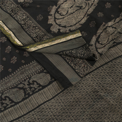 Sanskriti Vintage Sarees Black Pure Crepe Floral Printed 5+YD Eco-Friendly Sari
