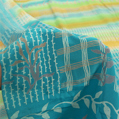 Sanskriti Vintage Sarees Blue Pure Crepe Floral Printed Sari 5+YD For Upcyclers