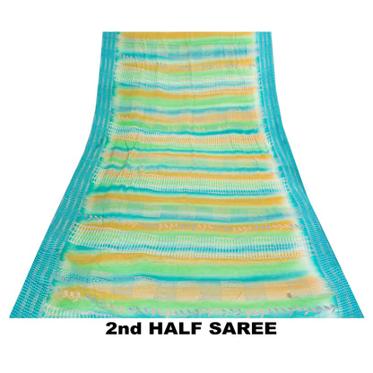 Sanskriti Vintage Sarees Blue Pure Crepe Floral Printed Sari 5+YD For Upcyclers