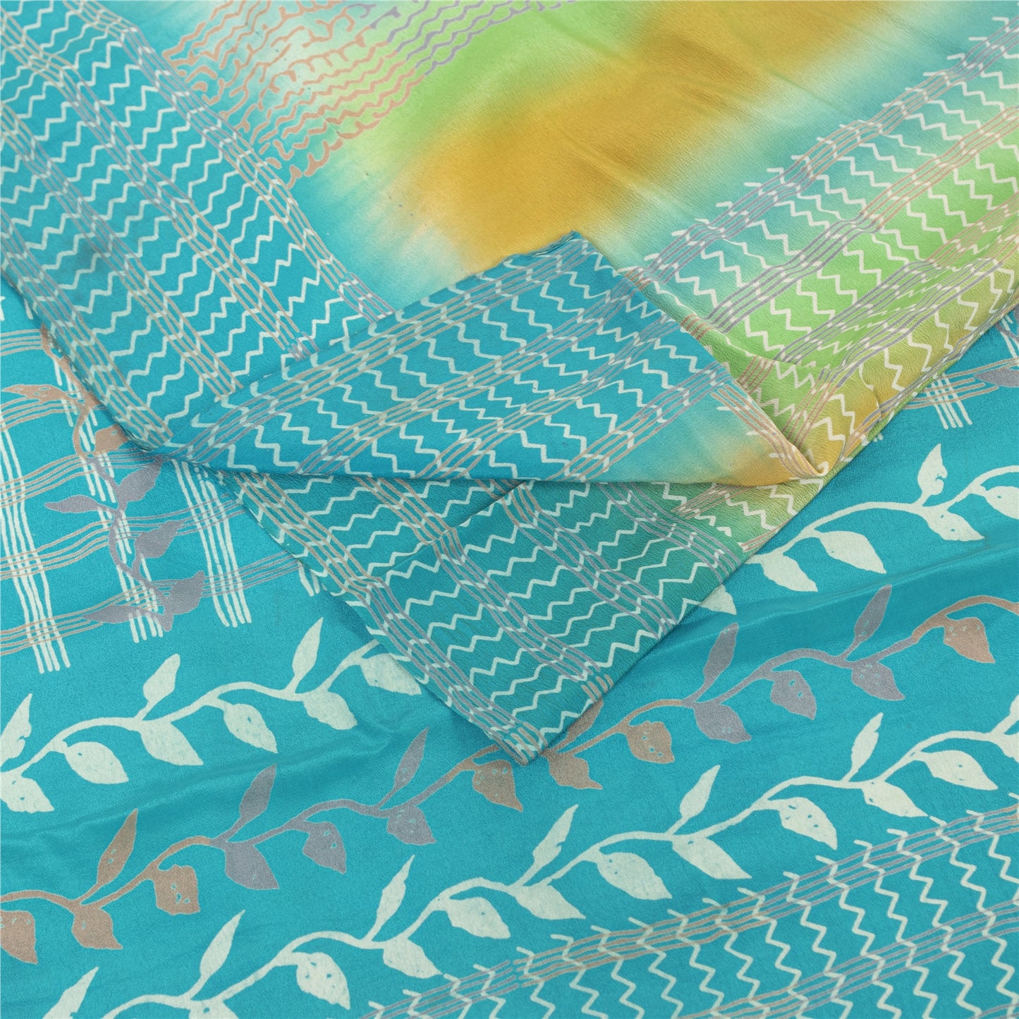 Sanskriti Vintage Sarees Blue Pure Crepe Floral Printed Sari 5+YD For Upcyclers
