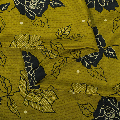 Sanskriti Vintage Saree Green 100% Pure Crepe Floral Print Sari 5.5+Yard Fabric
