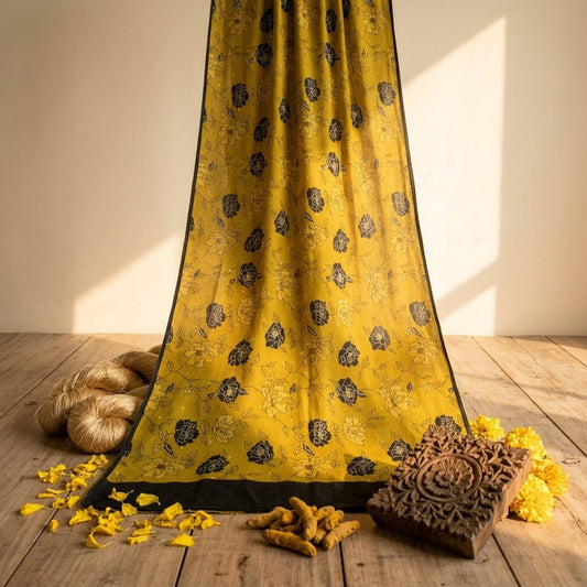 Sanskriti Vintage Saree Green 100% Pure Crepe Floral Print Sari 5.5+Yard Fabric