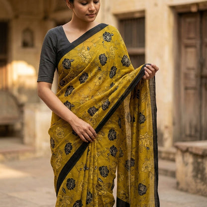 Sanskriti Vintage Saree Green 100% Pure Crepe Floral Print Sari 5.5+Yard Fabric