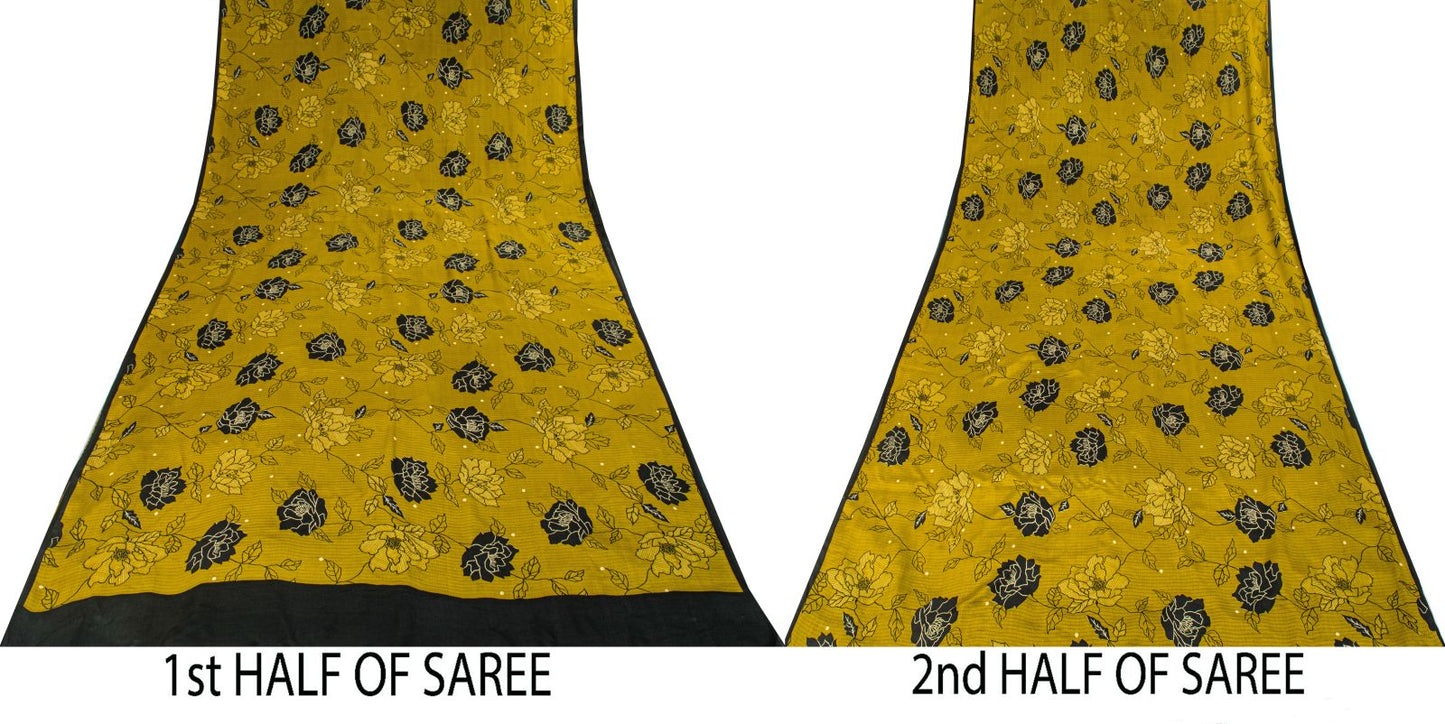 Sanskriti Vintage Saree Green 100% Pure Crepe Floral Print Sari 5.5+Yard Fabric