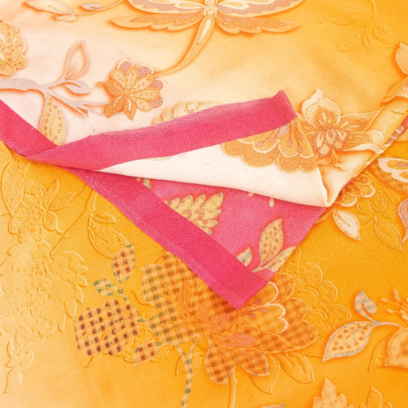 Sanskriti Vintage Sarees Yellow & Pink Pure Crepe Floral Print 6YD Indian Sari