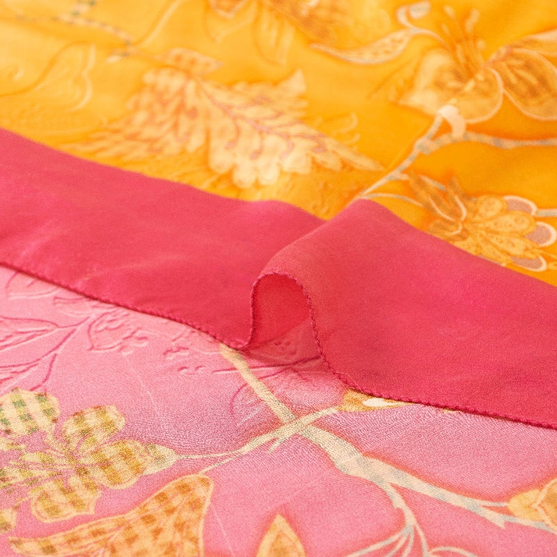 Sanskriti Vintage Sarees Yellow & Pink Pure Crepe Floral Print 6YD Indian Sari