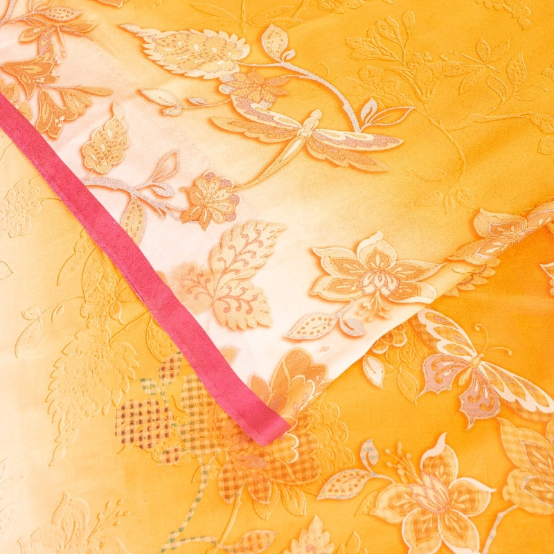 Sanskriti Vintage Sarees Yellow & Pink Pure Crepe Floral Print 6YD Indian Sari