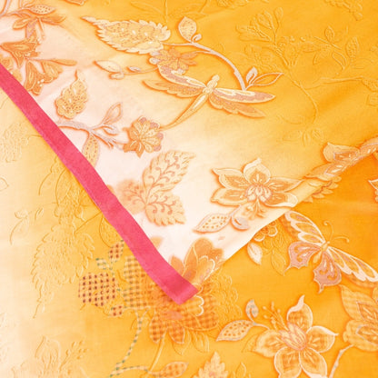 Sanskriti Vintage Sarees Yellow & Pink Pure Crepe Floral Print 6YD Indian Sari