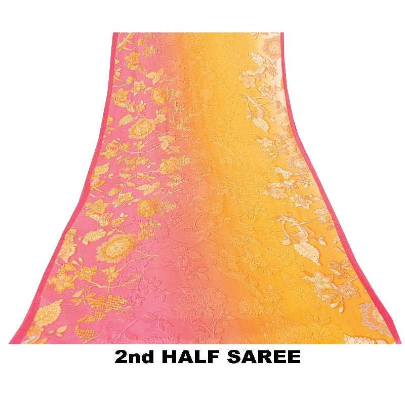 Sanskriti Vintage Sarees Yellow & Pink Pure Crepe Floral Print 6YD Indian Sari