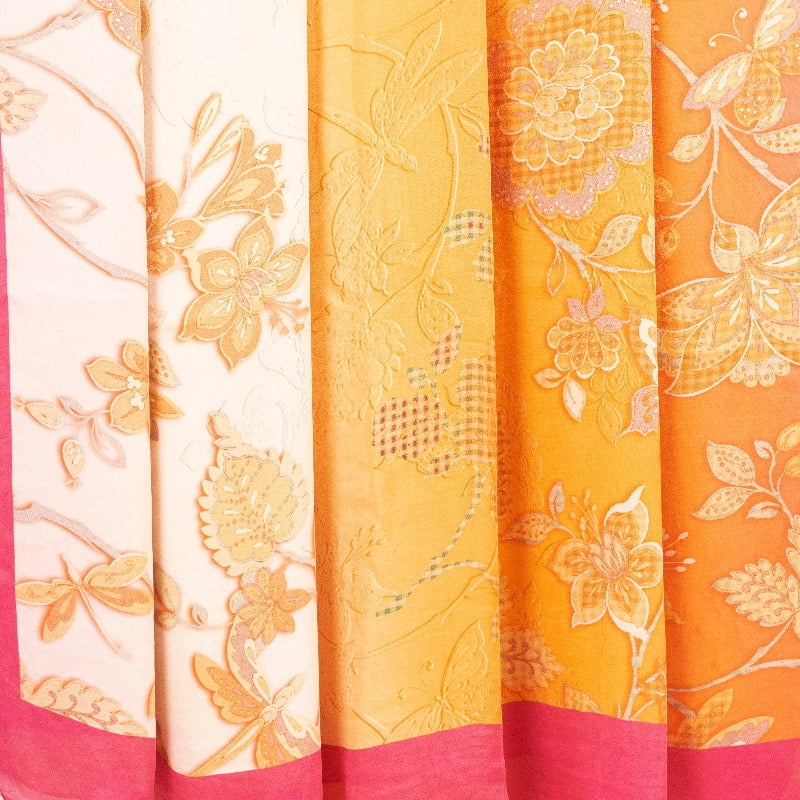 Sanskriti Vintage Sarees Yellow & Pink Pure Crepe Floral Print 6YD Indian Sari