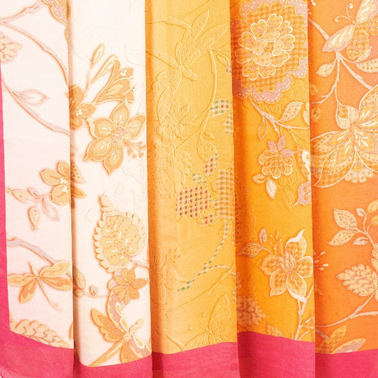 Sanskriti Vintage Sarees Yellow & Pink Pure Crepe Floral Print 6YD Indian Sari