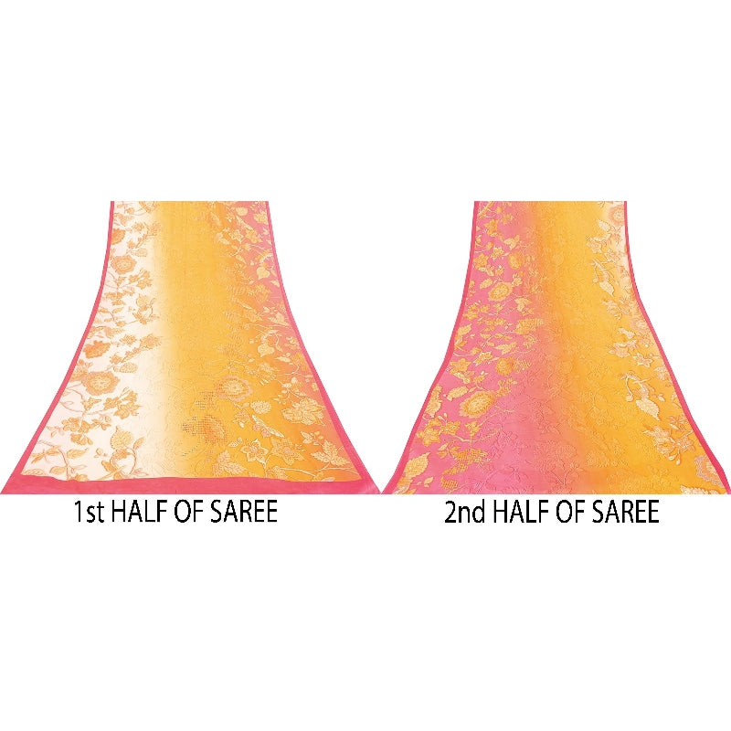 Sanskriti Vintage Sarees Yellow & Pink Pure Crepe Floral Print 6YD Indian Sari