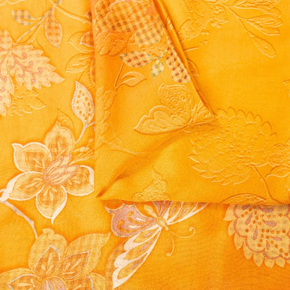 Sanskriti Vintage Sarees Yellow & Pink Pure Crepe Floral Print 6YD Indian Sari