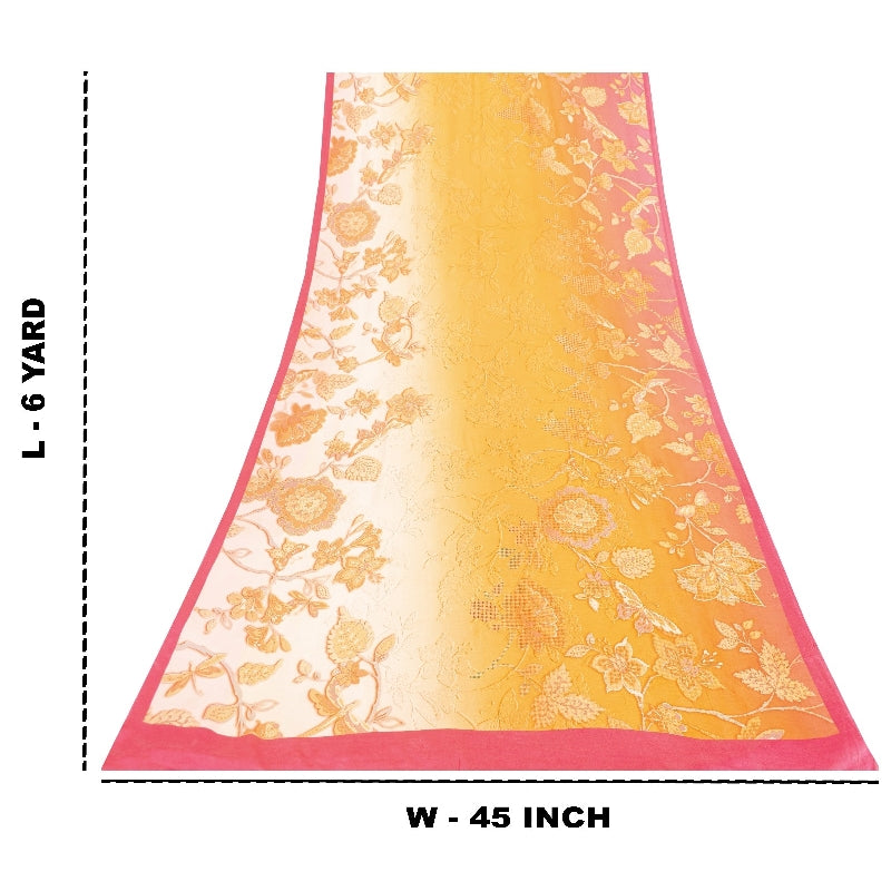 Sanskriti Vintage Sarees Yellow & Pink Pure Crepe Floral Print 6YD Indian Sari