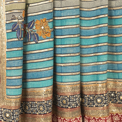 Sanskriti Vintage Sarees Blue & Cream Pure Crepe Floral Printed Sari 5+YD Fabric