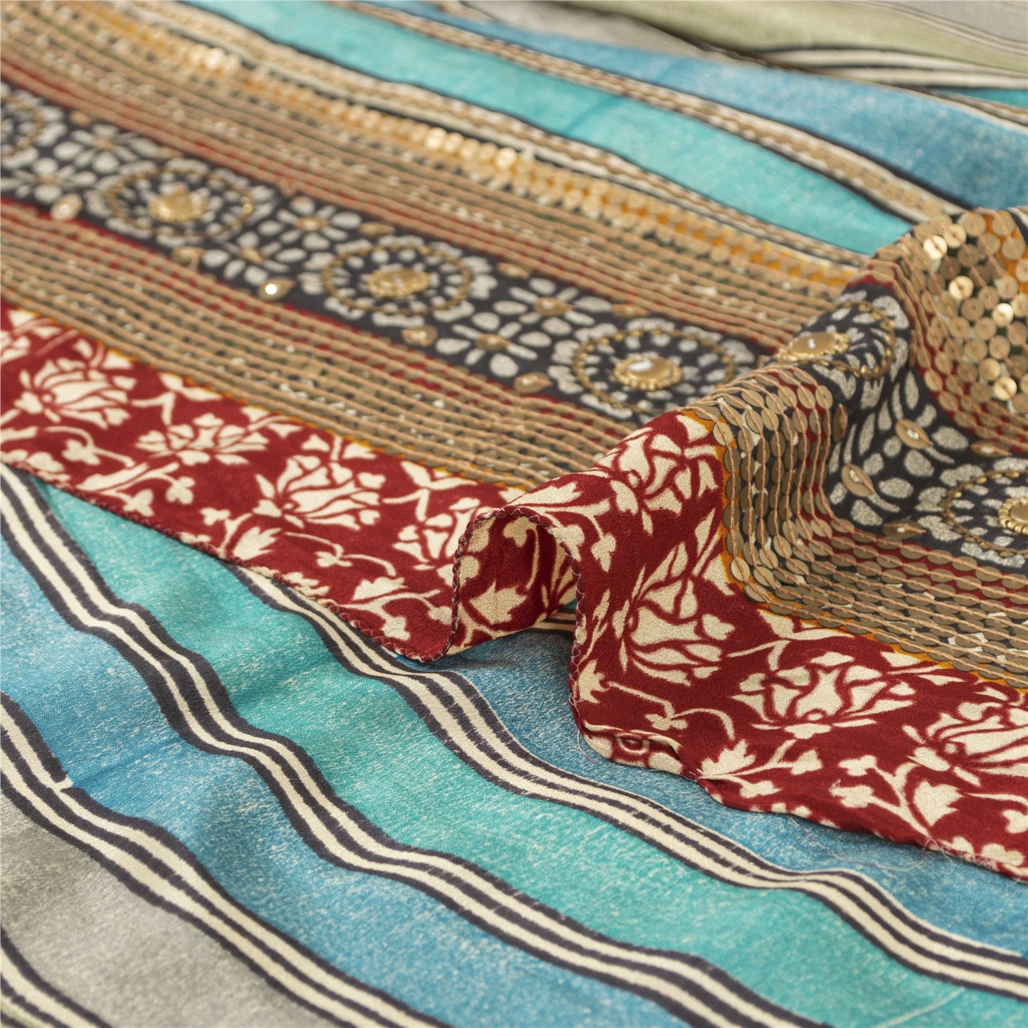 Sanskriti Vintage Sarees Blue & Cream Pure Crepe Floral Printed Sari 5+YD Fabric