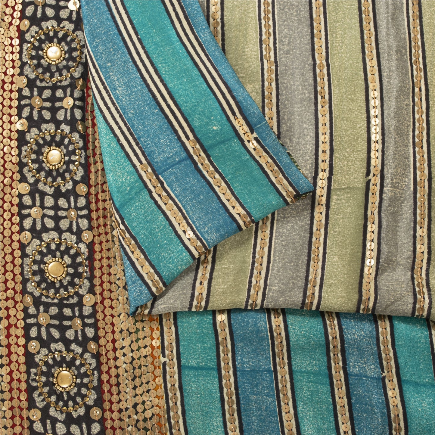 Sanskriti Vintage Sarees Blue & Cream Pure Crepe Floral Printed Sari 5+YD Fabric