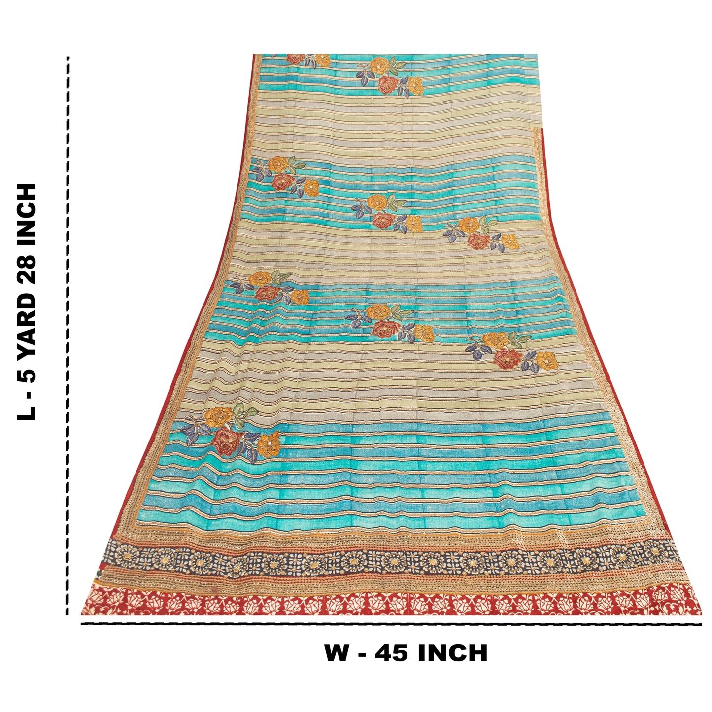 Sanskriti Vintage Sarees Blue & Cream Pure Crepe Floral Printed Sari 5+YD Fabric