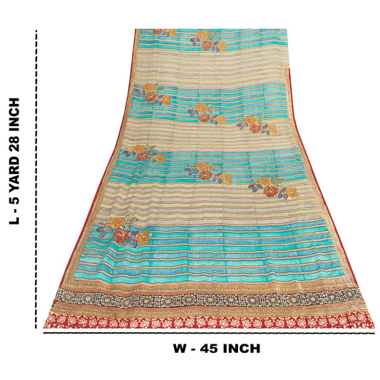 Sanskriti Vintage Sarees Blue & Cream Pure Crepe Floral Printed Sari 5+YD Fabric