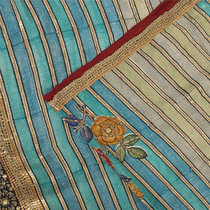 Sanskriti Vintage Sarees Blue & Cream Pure Crepe Floral Printed Sari 5+YD Fabric