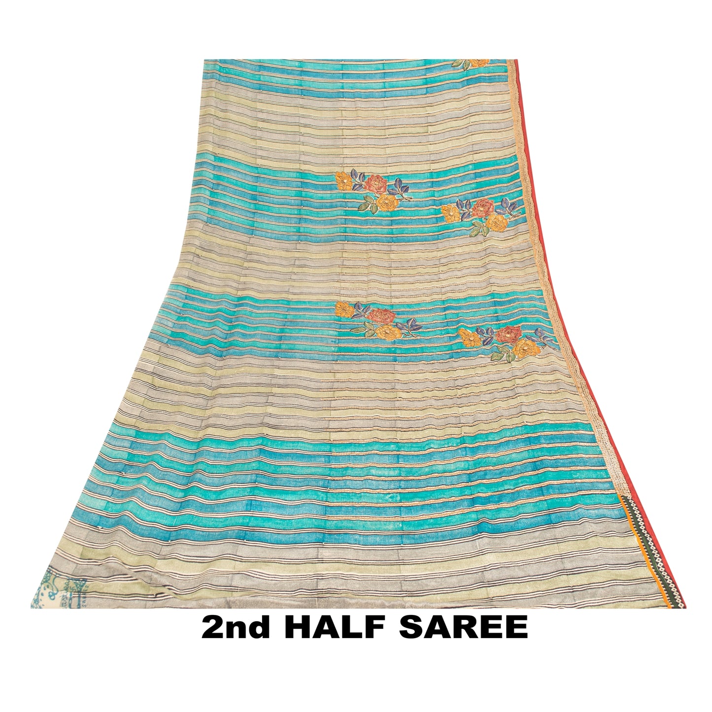 Sanskriti Vintage Sarees Blue & Cream Pure Crepe Floral Printed Sari 5+YD Fabric