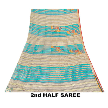 Sanskriti Vintage Sarees Blue & Cream Pure Crepe Floral Printed Sari 5+YD Fabric