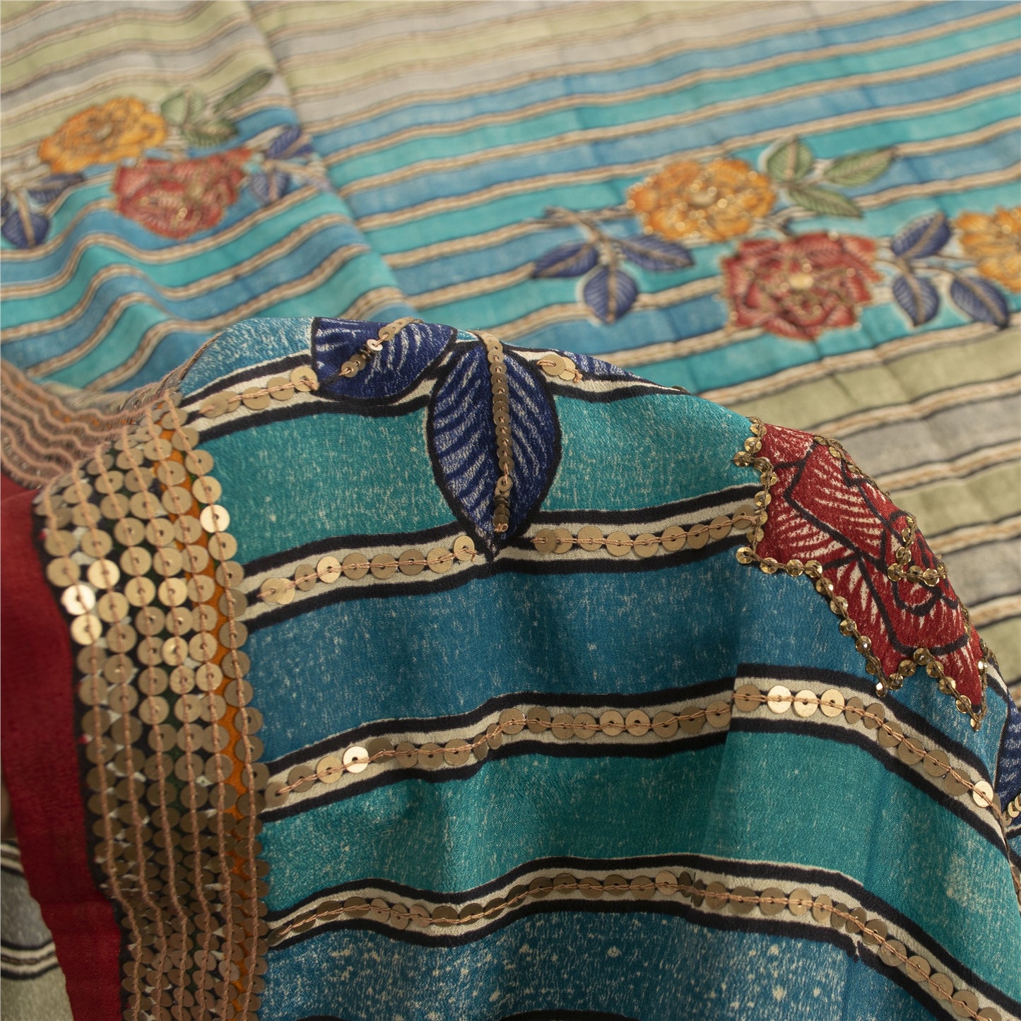 Sanskriti Vintage Sarees Blue & Cream Pure Crepe Floral Printed Sari 5+YD Fabric