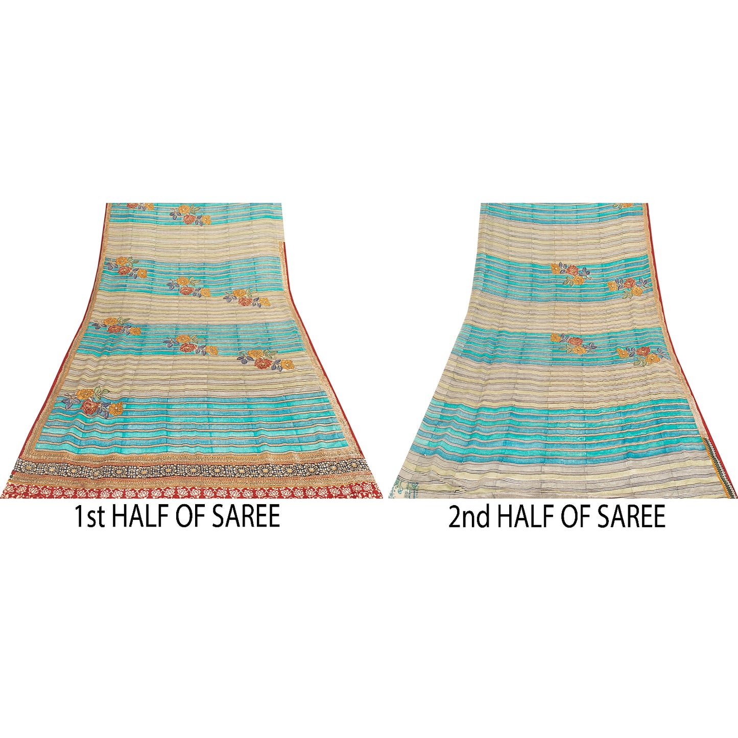 Sanskriti Vintage Sarees Blue & Cream Pure Crepe Floral Printed Sari 5+YD Fabric