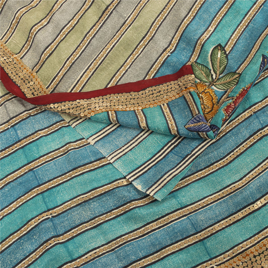 Sanskriti Vintage Sarees Blue & Cream Pure Crepe Floral Printed Sari 5+YD Fabric