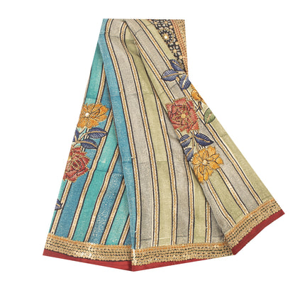 Sanskriti Vintage Sarees Blue & Cream Pure Crepe Floral Printed Sari 5+YD Fabric