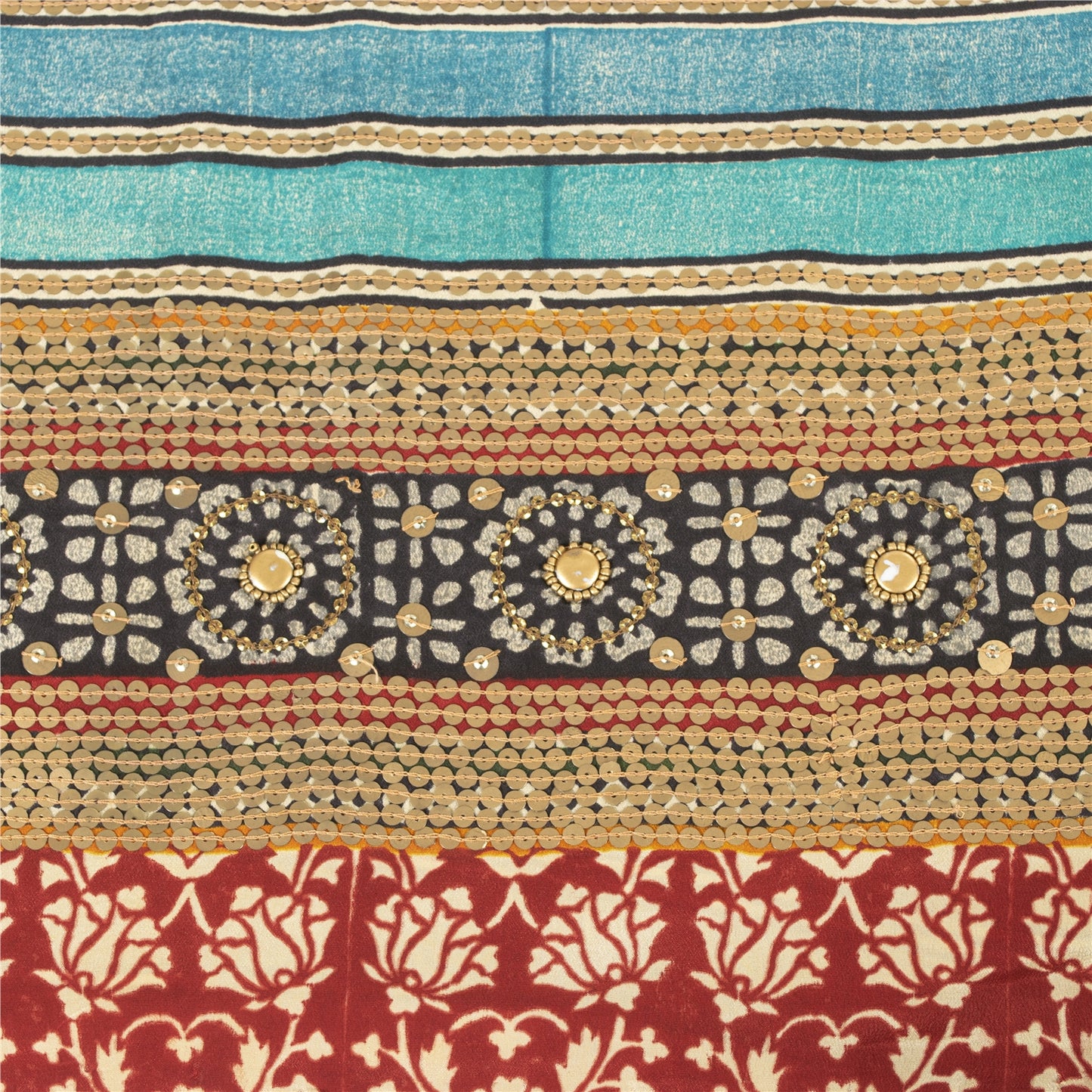 Sanskriti Vintage Sarees Blue & Cream Pure Crepe Floral Printed Sari 5+YD Fabric