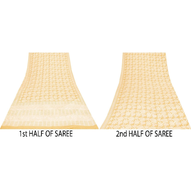 Sanskriti Vintage Sarees Yellow Pure Crepe Floral Print 6YD Sari For Crafters