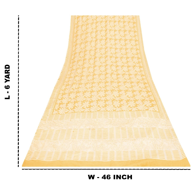 Sanskriti Vintage Sarees Yellow Pure Crepe Floral Print 6YD Sari For Crafters
