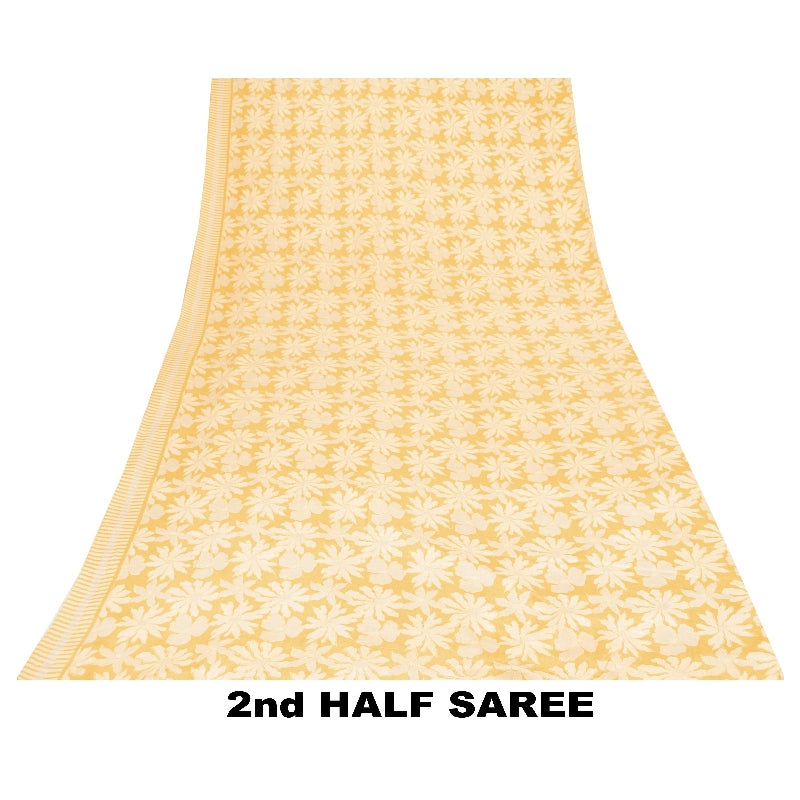 Sanskriti Vintage Sarees Yellow Pure Crepe Floral Print 6YD Sari For Crafters