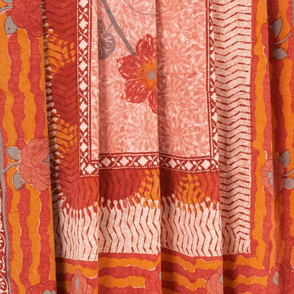 Sanskriti Vintage Sarees Red & Orange Pure Crepe Floral Print 5+YD Sari Quilts
