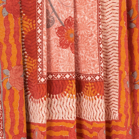 Sanskriti Vintage Sarees Red & Orange Pure Crepe Floral Print 5+YD Sari Quilts