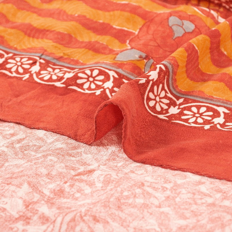 Sanskriti Vintage Sarees Red & Orange Pure Crepe Floral Print 5+YD Sari Quilts