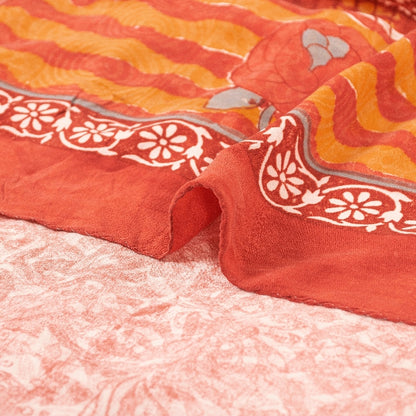 Sanskriti Vintage Sarees Red & Orange Pure Crepe Floral Print 5+YD Sari Quilts