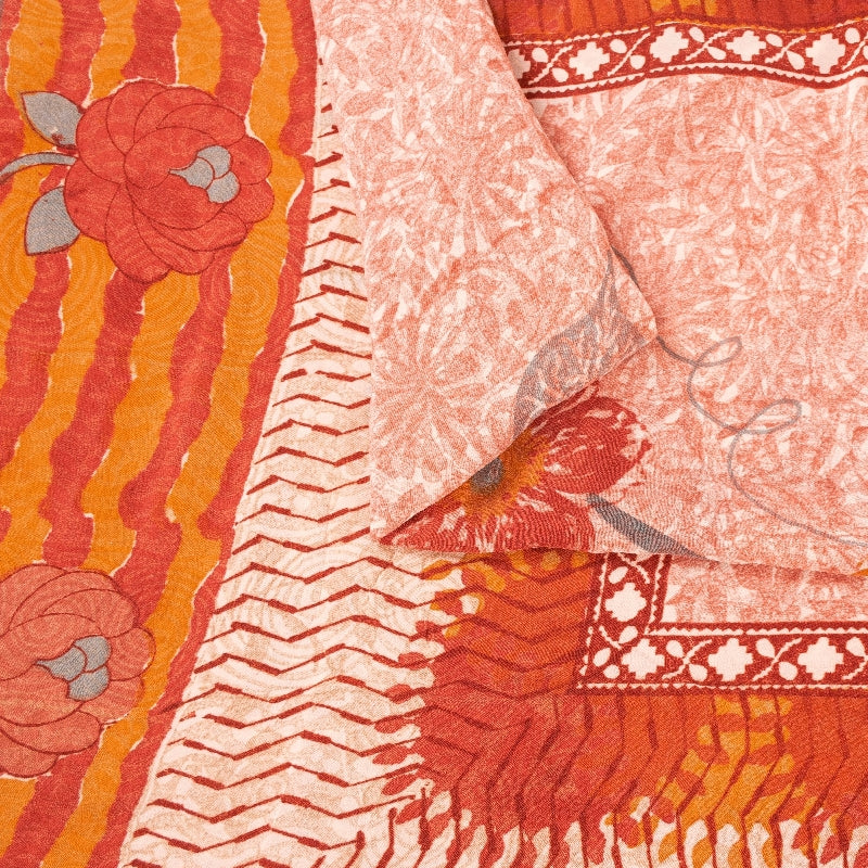 Sanskriti Vintage Sarees Red & Orange Pure Crepe Floral Print 5+YD Sari Quilts