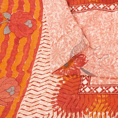 Sanskriti Vintage Sarees Red & Orange Pure Crepe Floral Print 5+YD Sari Quilts