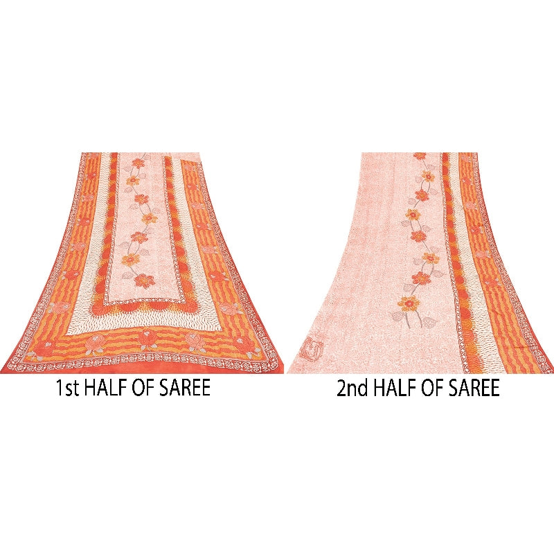 Sanskriti Vintage Sarees Red & Orange Pure Crepe Floral Print 5+YD Sari Quilts