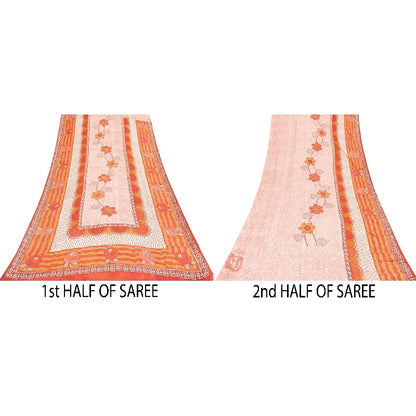 Sanskriti Vintage Sarees Red & Orange Pure Crepe Floral Print 5+YD Sari Quilts