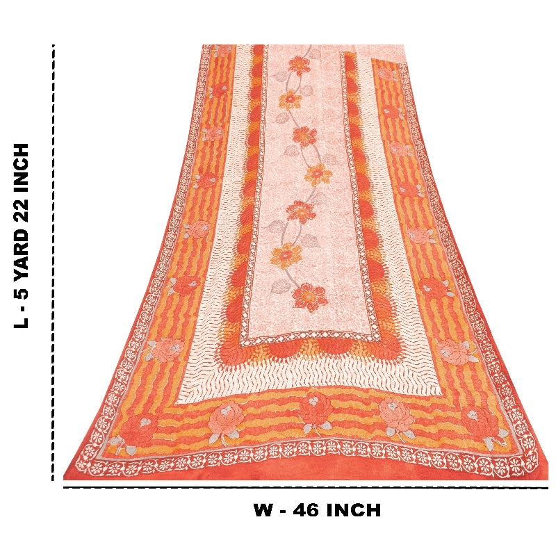 Sanskriti Vintage Sarees Red & Orange Pure Crepe Floral Print 5+YD Sari Quilts