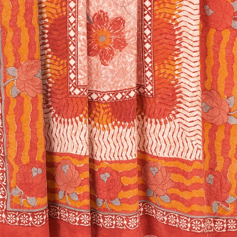 Sanskriti Vintage Sarees Red & Orange Pure Crepe Floral Print 5+YD Sari Quilts