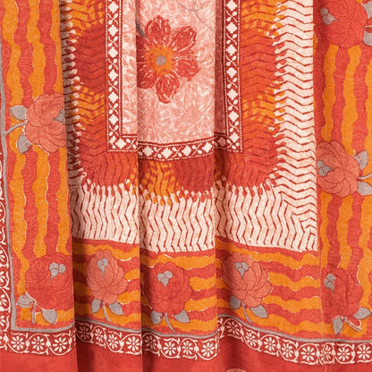 Sanskriti Vintage Sarees Red & Orange Pure Crepe Floral Print 5+YD Sari Quilts